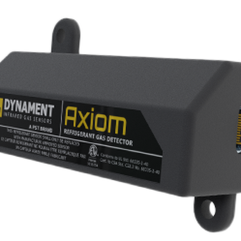 Image of the Dynament Axiom UL-certified refrigerant gas detector, showing a compact, enclosed unit with mounting features and product labeling.