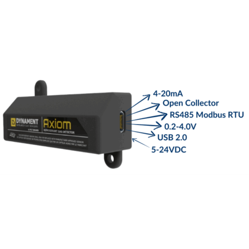 Dynament Axiom infrared refrigerant detector with 4-20 mA, Modbus, USB, open collector, 0.2-4 V outputs and 5–24 VDC power input