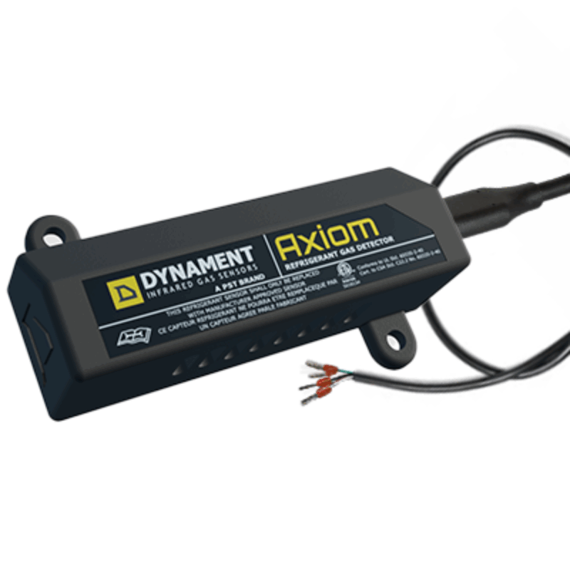 Image of the Axiom gas detector with USB cable attached, showing a compact sensor unit with visible connectors and product labeling.