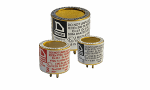Alternate angle of a dual-gas infrared sensor module for hydrocarbons and carbon dioxide, showing compact design and visible sensor components.