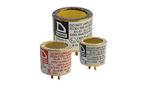 Alternate angle of a dual-gas infrared sensor module for hydrocarbons and carbon dioxide, showing compact design and visible sensor components.
