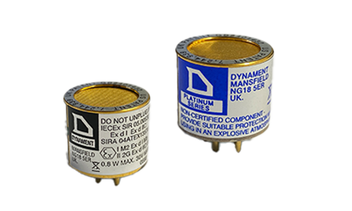 mage displaying multiple hydrocarbon gas sensors from Dynament, arranged to show different models and configurations for industrial gas detection.