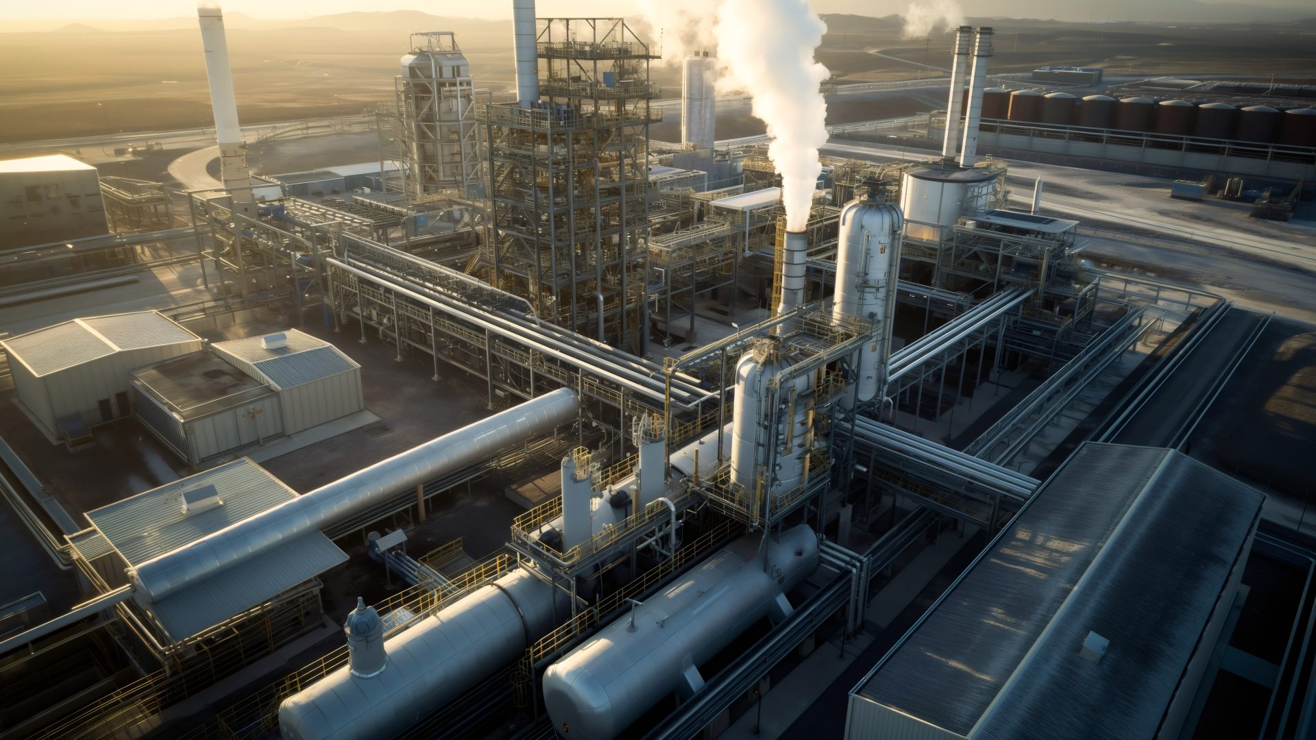Aerial photograph of an industrial carbon capture facility featuring interconnected pipes, tall absorption towers, domed storage tanks, and visible steam emissions under late-afternoon light.
