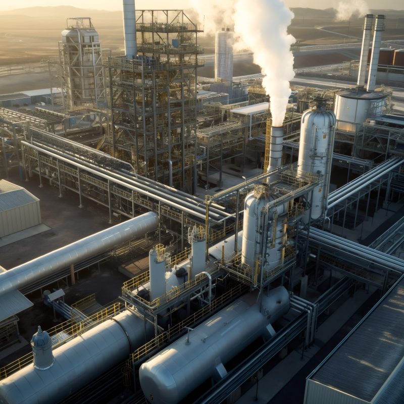 Aerial photograph of an industrial carbon capture facility featuring interconnected pipes, tall absorption towers, domed storage tanks, and visible steam emissions under late-afternoon light.